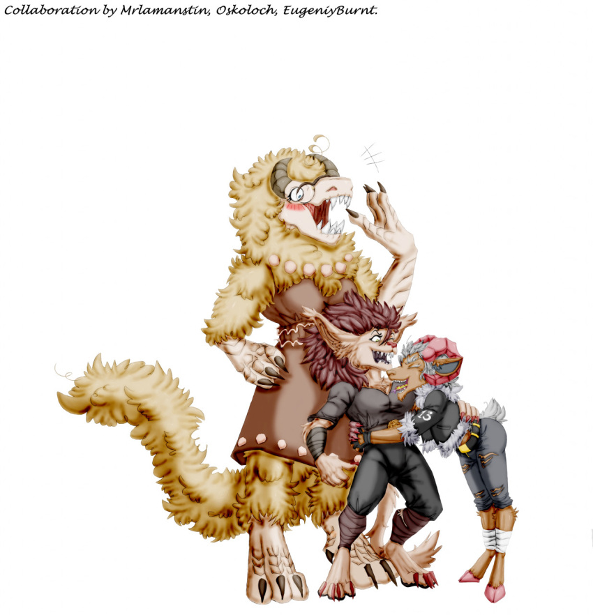 alternate_species anthro bovid caprine collaboration dinosaur dongmei_miao embrace eugeniyburnt eugeniyburnt_(character) female friends group hi_res hug humor lamanstin_(artist) male mammal nuget_okhin_(character) oskoloch reptile scalie sheep size_difference species_transformation transformation