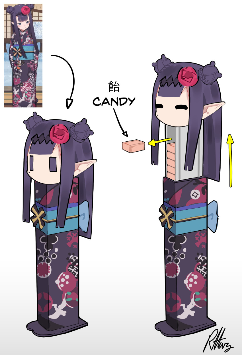 1girl absurdres candy closed_eyes commentary david_bagaconza diamond_hairband double_bun english_commentary flower food full_body gradient gradient_background grey_background hair_flower hair_ornament highres hololive hololive_english japanese_clothes kimono long_hair mole mole_under_eye ninomae_ina'nis no_mouth obi objectification pez pointy_ears print_kimono purple_hair purple_kimono red_flower reference_inset sash screencap_inset signature virtual_youtuber white_background