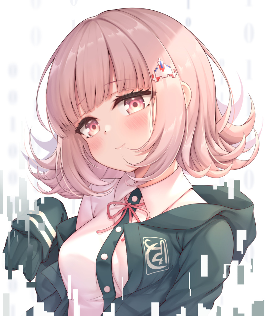 1girl arata_(xin) bangs black_shirt blunt_bangs blush collared_shirt danganronpa_(series) danganronpa_2:_goodbye_despair dress_shirt eyebrows_visible_through_hair galaga green_jacket hair_ornament hand_up highres hood hood_down jacket looking_at_viewer medium_hair nanami_chiaki neck_ribbon open_clothes open_jacket pink_ribbon ribbon shirt sleeves_past_fingers sleeves_past_wrists smile solo upper_body white_shirt