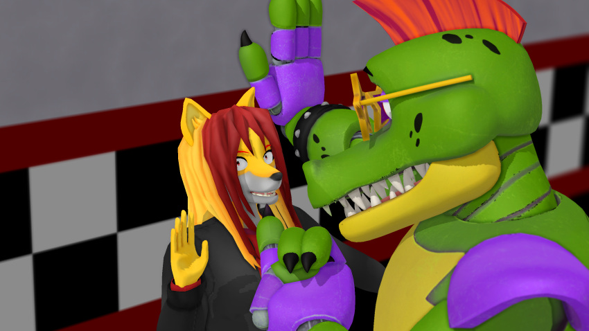 3d_(artwork) alligator alligatorid animal_humanoid animatronic anthro canid canid_humanoid canine canis crocodilian digital_media_(artwork) dodger_akame duo five_nights_at_freddy's five_nights_at_freddy's:_security_breach hi_res humanoid machine male mammal mammal_humanoid montgomery_gator_(fnaf) reptile robot scalie scottgames video_games wolf