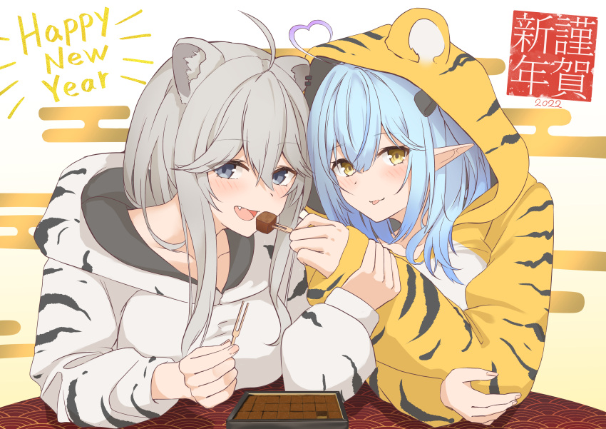 2022 2girls absurdres ahoge animal_costume animal_ear_fluff animal_ears animal_print blue_hair blush breasts chinese_zodiac ear_piercing eyebrows_visible_through_hair eyes_visible_through_hair fang grey_eyes grey_hair heart_ahoge highres holding_another's_wrist hololive lion_ears long_hair micon multiple_girls new_year onesie open_mouth piercing pointy_ears shishiro_botan sidelocks tiger_costume tiger_print tongue tongue_out virtual_youtuber year_of_the_tiger yellow_eyes yukihana_lamy yuri