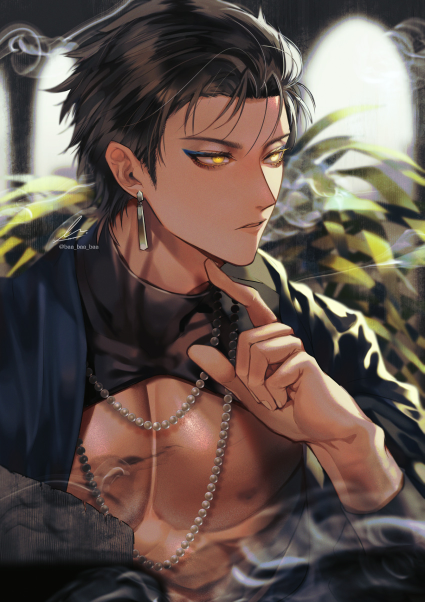 1boy bare_pectorals brown_hair chin_stroking earrings eyeshadow fate/grand_order fate_(series) highres jewelry looking_away makeup male_focus necklace ozymandias_(fate) pearl_necklace pectorals sakura_hitsuji short_hair signature solo twitter_username yellow_eyes