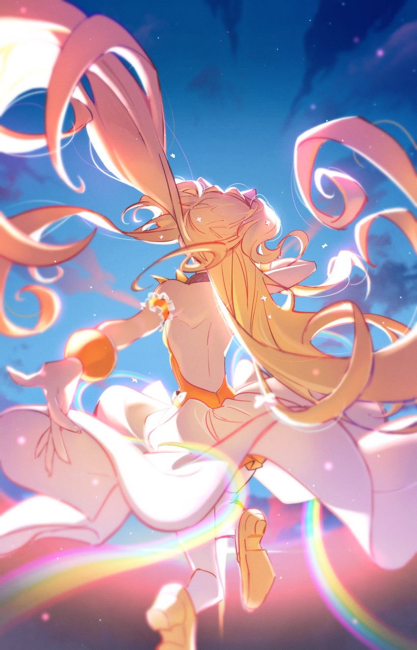 1girl absurdres backless_dress backless_outfit bangs bracelet cloud dress floating_hair from_behind gloves high_heels highres honla jewelry long_hair open_hand orange_dress rainbow seeu sky solo two_side_up very_long_hair vocaloid white_gloves yellow_footwear