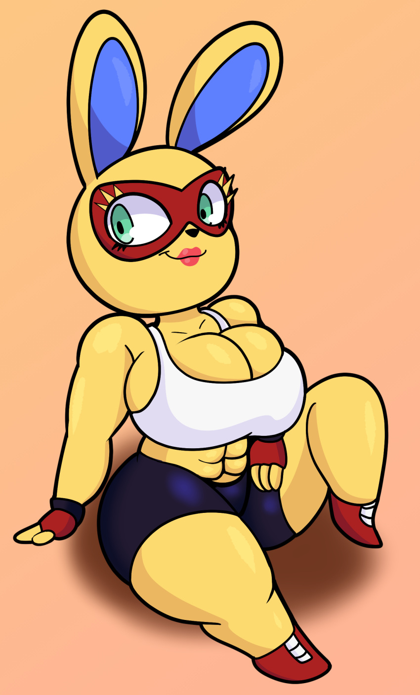 2022 abs absurd_res animal_crossing anthro big_breasts bottomwear breast_squish breasts cleavage cleavage_overflow clothed clothing crop_top curvy_figure digital_media_(artwork) eyelashes female fingerless_gloves fingers footwear fur gloves handwear hi_res huge_breasts lagomorph leporid lips mammal mask mira_(animal_crossing) muscular muscular_anthro muscular_female nintendo rabbit shirt shoes shorts side_boob simple_background sitting smile solo someth1ngoranother squish tan_background teal_eyes thick_thighs topwear video_games voluptuous wide_hips yellow_body yellow_fur