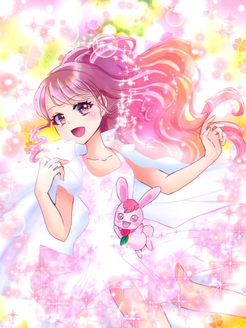 1girl :d bangs bare_arms brown_eyes brown_hair cape collarbone dress eyebrows_visible_through_hair gradient_hair hanadera_nodoka healin'_good_precure henshin highres lens_flare long_hair manekineko5319 multicolored_hair pink_dress pink_hair precure rabirin_(precure) short_dress sleeveless sleeveless_dress smile solo sparkle very_long_hair white_cape