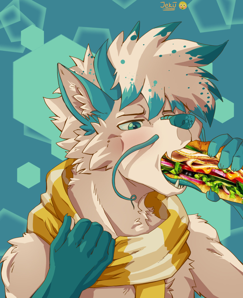 absurd_res anthro blue_body blue_ears blue_eyes blue_fur blue_hands blue_nose blue_tongue blush canid canine dragon fangs food fox fur hair heterochromia hexagon hexy(drox) hi_res horn hybrid jeku male mammal pattern_background sandwich_(food) scales scarf simple_background solo tongue tongue_out whiskers white_body white_fur white_hair