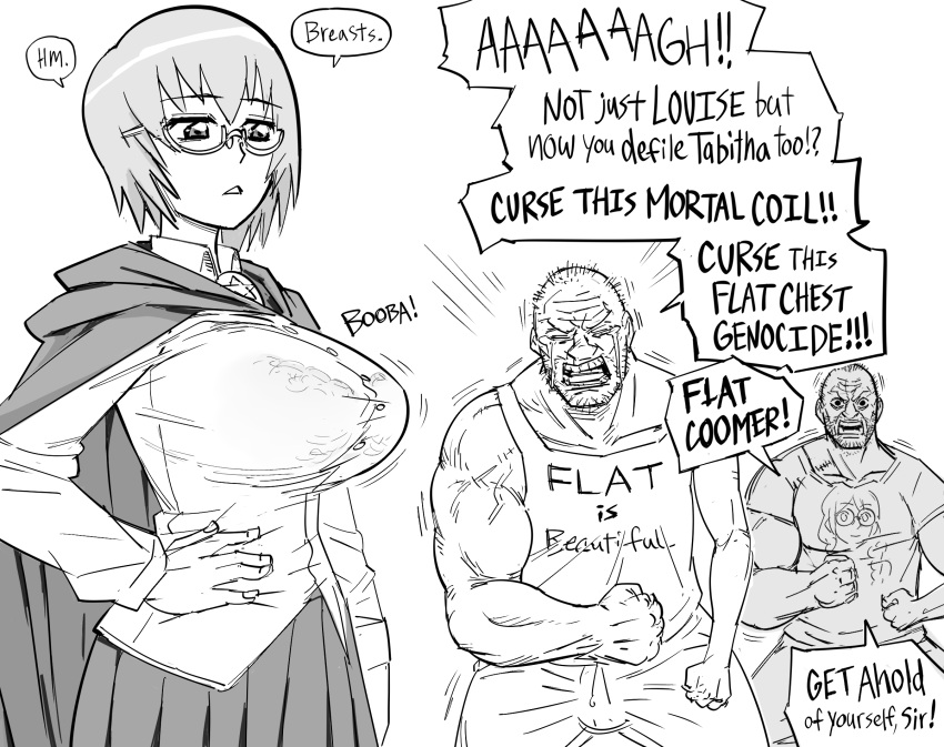 1girl 2boys alternate_breast_size bb_(baalbuddy) breasts cloak coomer english_text glasses greyscale hanekawa_tsubasa highres large_breasts monochrome monogatari_(series) multiple_boys muscular muscular_male short_hair simple_background speech_bubble tabitha_(zero_no_tsukaima) tank_top white_background zero_no_tsukaima