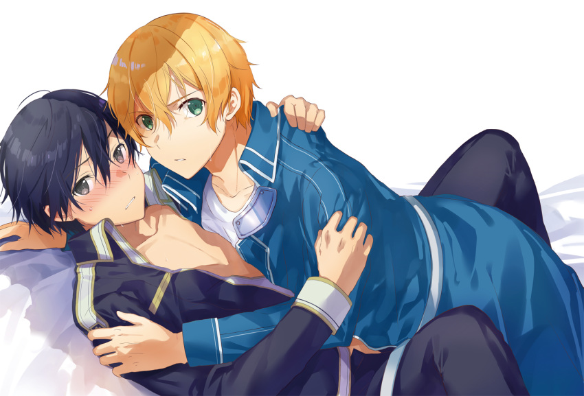 2boys bangs bed black_hair black_jacket black_pants blonde_hair blue_jacket blue_pants blush eugeo green_eyes grey_eyes jacket kirito looking_at_viewer lying male_focus multiple_boys ogura_ari on_back on_bed on_person open_clothes open_jacket pants shirt short_hair sweat sweatdrop sword_art_online white_shirt yaoi