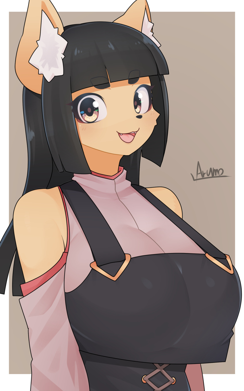 10:16 2021 absurd_res big_breasts black_hair black_nose breasts canid cute_fangs female hair hi_res inner_ear_fluff komena_akamori looking_at_viewer mammal mofumofumachine open_mouth simple_background smile solo tan_body tuft