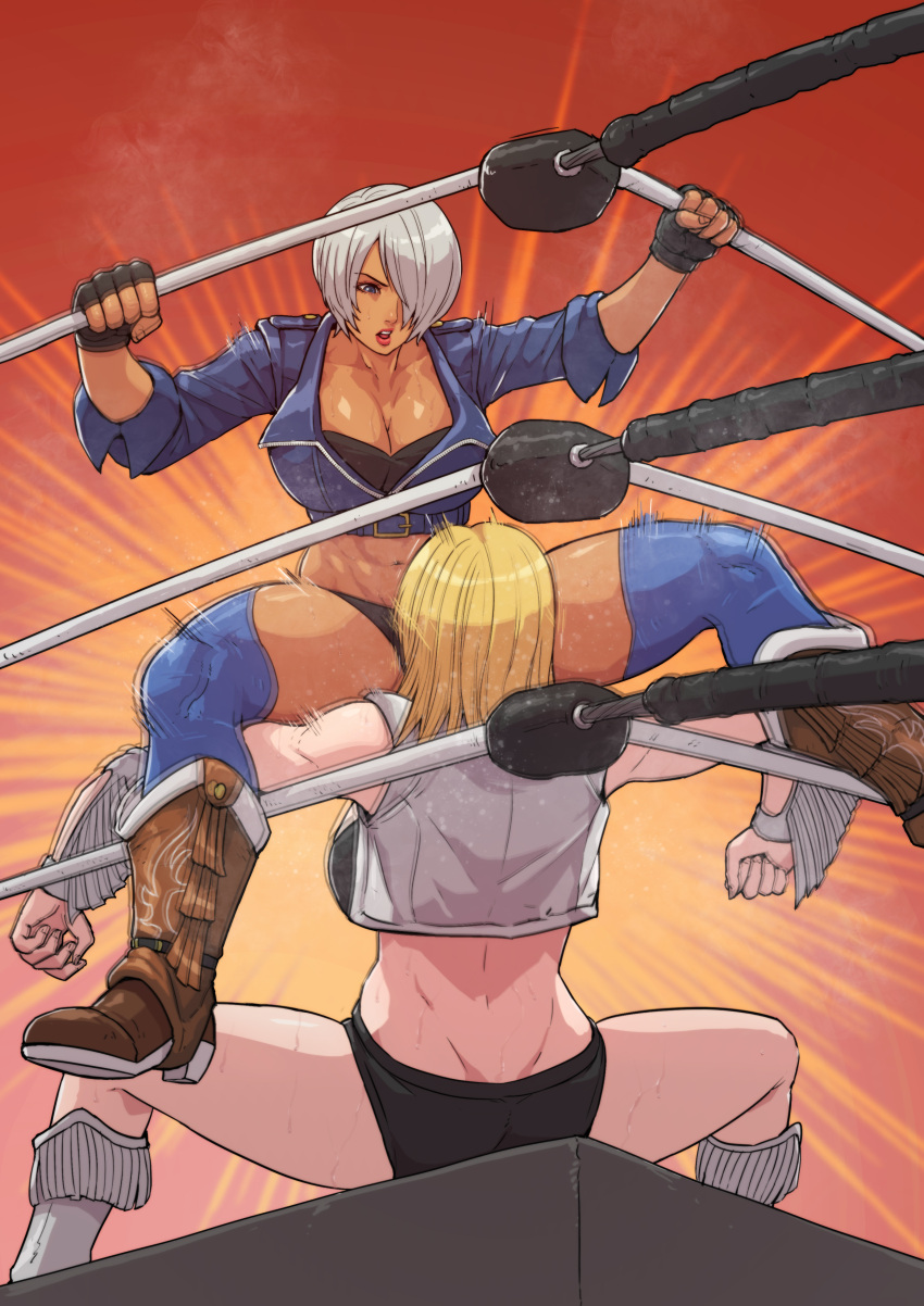 2girls abs absurdres angel_(kof) blonde_hair boots breasts chaps cirenk cowboy_boots cropped_jacket dead_or_alive fighting fingerless_gloves gloves hair_over_one_eye highres jacket large_breasts leather leather_jacket multiple_girls snk the_king_of_fighters the_king_of_fighters_xiv tina_armstrong toned underwear white_hair wrestling wrestling_outfit wrestling_ring