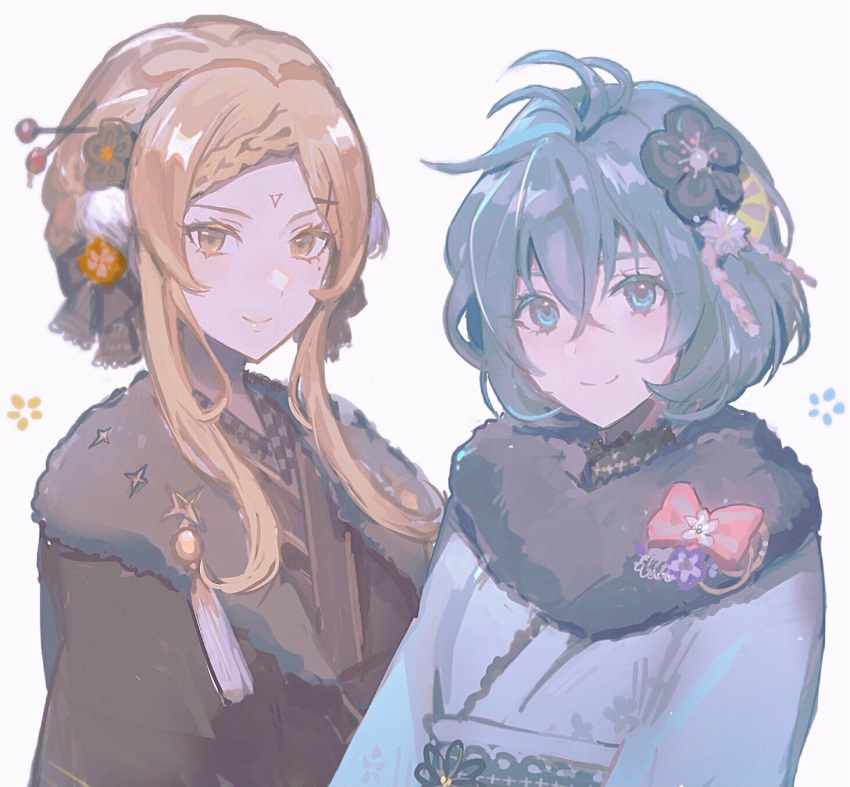 2girls antenna_hair blonde_hair blue_eyes blue_hair blue_kimono braid brown_kimono closed_mouth drag-on_dragoon drag-on_dragoon_3 facial_mark five_(drag-on_dragoon) flower forehead_mark fur-trimmed_kimono fur_trim hair_flower hair_ornament highres japanese_clothes kimono long_hair miichinori multiple_girls roman_numeral short_hair siblings sidelocks two_(drag-on_dragoon) white_background x_hair_ornament yellow_eyes