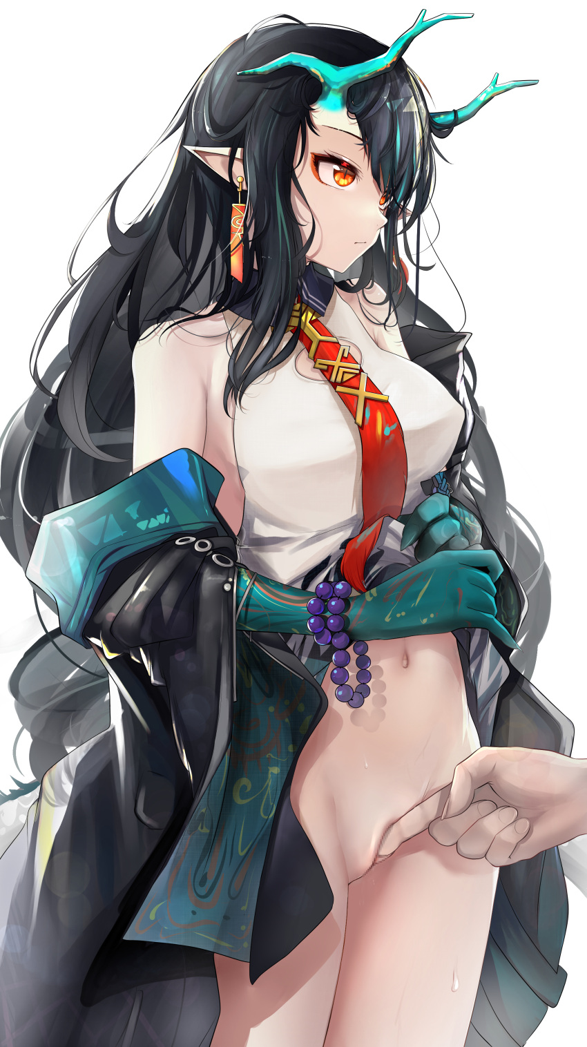 1girl absurdres aqua_hair arknights ass black_hair breasts censored chinese_commentary clenched_hand closed_mouth coat colored_skin commentary commentary_request cowboy_shot dragon_girl dragon_horns dragon_tail dress dusk_(arknights) earrings english_commentary eyeshadow gradient_skin green_skin hair_between_eyes highres horns jewelry long_hair makeup medium_breasts mixed-language_commentary mosaic_censoring multicolored_hair multicolored_skin navel necktie nopetroto partially_undressed pointy_ears pussy red_eyes sidelocks simple_background slit_pupils solo spread_pussy streaked_hair sweat sweatdrop tail tassel tassel_earrings touching two-tone_hair white_background white_dress