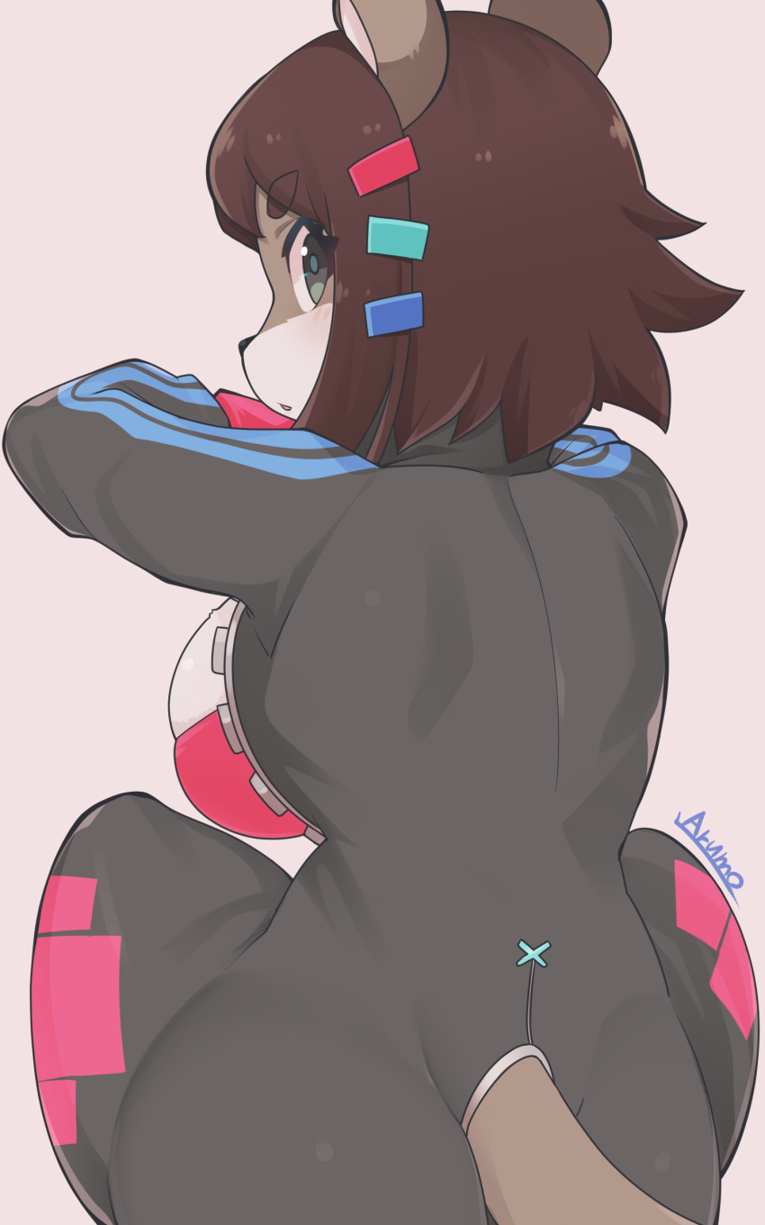 10:16 2021 absurd_res accessory anthro big_breasts black_nose breasts brown_hair butt female hair hair_accessory hairclip hi_res looking_at_viewer looking_back looking_back_at_viewer mofumofumachine open_mouth rear_view short_hair simple_background sitting solo