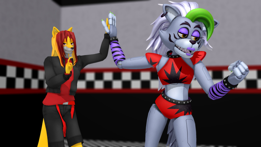 animal_humanoid animatronic anthro canid canid_humanoid canine canis dodger_akame duo female five_nights_at_freddy's five_nights_at_freddy's:_security_breach hi_res humanoid machine male mammal mammal_humanoid mmd robot roxanne_wolf_(fnaf) scottgames video_games wolf