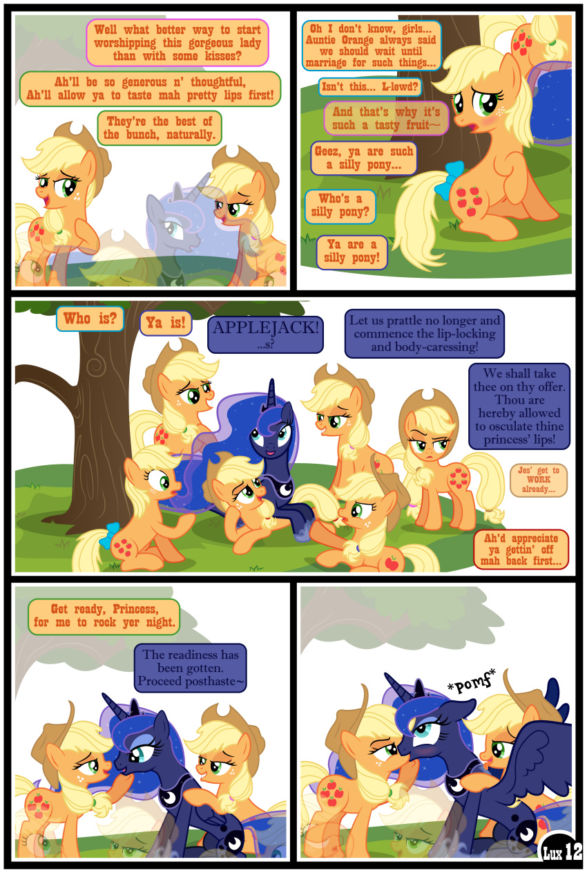 absurd_res applejack_(mlp) blonde_hair blue_body clothing comic cowboy_hat dialogue equid equine female freckles friendship_is_magic gutovi-kun hair hasbro hat headgear headwear hi_res horn horse kissing licking mammal my_little_pony orange_body plant pony princess_luna_(mlp) square_crossover tongue tongue_out tree winged_unicorn wings