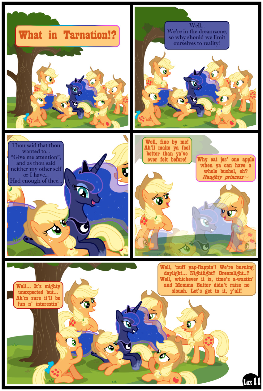 absurd_res applejack_(mlp) blonde_hair blue_body clothing comic cowboy_hat dialogue equid equine female freckles friendship_is_magic gutovi-kun hair hat headgear headwear hi_res horn horse mammal my_little_pony orange_body plant pony princess_luna_(mlp) tree unicorn