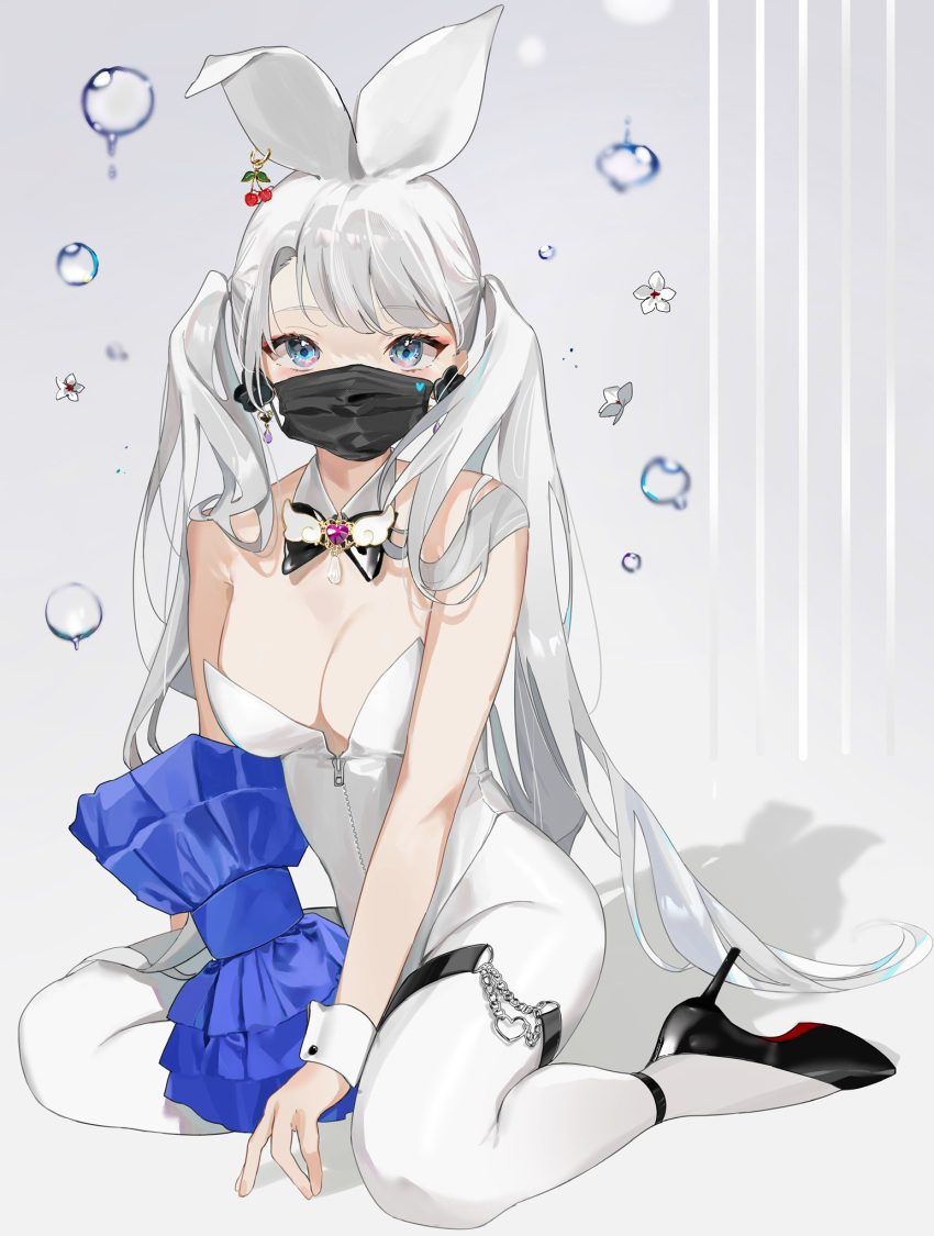 1girl air_bubble animal_ears bare_arms black_bow black_bowtie black_footwear black_mask blue_bow blue_eyes bow bowtie breasts brooch bubble cherry_earrings cleavage commentary covered_mouth detached_collar earrings eyebrows_visible_through_hair flower food-themed_earrings full_body grey_background heart high_heels highres jewelry leotard long_hair looking_at_viewer mask medium_breasts mikanoisi mouth_mask original pantyhose playboy_bunny rabbit_ears shadow sitting solo strapless strapless_leotard surgical_mask thigh_strap twintails white_flower white_hair white_legwear white_leotard wrist_cuffs