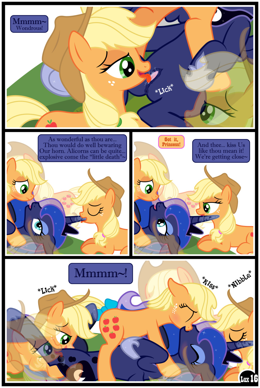 absurd_res applejack_(mlp) blonde_hair blue_body clothing comic cowboy_hat cunnilingus dialogue equid equine female feral freckles friendship_is_magic genitals gutovi-kun hair hat headgear headwear hi_res horn horn_fetish horn_in_mouth horn_play horn_suck horse kissing mammal my_little_pony oral orange_body plant pony princess_luna_(mlp) pussy sex sucking tree vaginal winged_unicorn wings