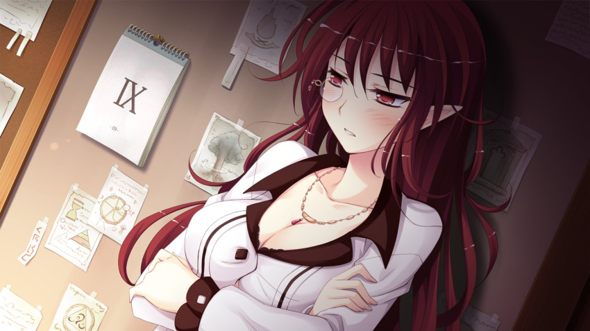 1girl bangs blush breasts cleavage collarbone crossed_arms dutch_angle eyebrows_visible_through_hair game_cg hair_between_eyes indoors jewelry kagami_yuuko ko~cha long_hair long_sleeves medium_breasts necklace parted_lips pointy_ears red_eyes red_hair shiny shiny_hair shirt solo upper_body very_long_hair white_shirt witch's_garden