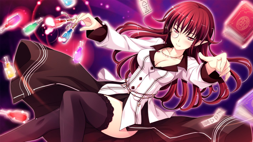 1girl black_legwear black_skirt breasts cleavage closed_mouth collarbone dress_shirt floating_hair game_cg half-closed_eyes jewelry kagami_yuuko ko~cha long_hair long_skirt long_sleeves medium_breasts monocle necklace pointy_ears purple_background red_eyes red_hair shiny shiny_hair shirt side_slit skirt smile solo thighhighs very_long_hair white_shirt witch's_garden
