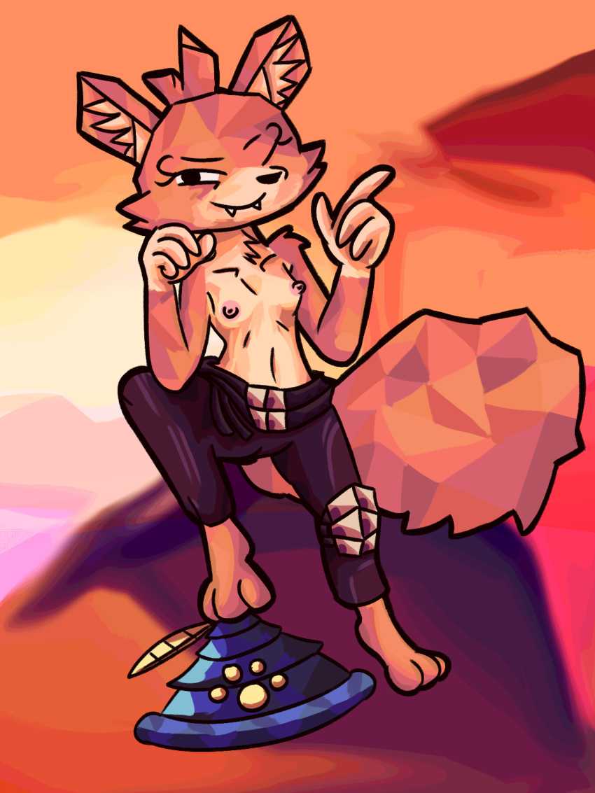 abstract_background anthro armor bandit_hermit_(gunfire_reborn) canid canine clothed clothing countershading female flat_chested fox gunfire_reborn hat headgear headwear helmet hi_res mammal midriff nipples one_eye_closed orange_body scarf smile solo topless wink