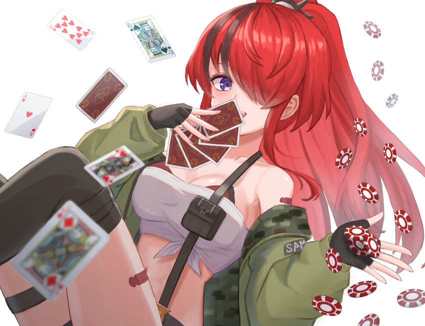 1girl ;d bandaid bandaid_on_shoulder bandeau bangs bare_shoulders black_hair black_legwear breasts card cleavage devonrex eyes_visible_through_hair green_jacket hair_over_one_eye highres holding holding_card jack_of_diamonds jacket king_of_spades lain_paterson large_breasts long_hair looking_at_viewer midriff multicolored_hair navel nijisanji off_shoulder one_eye_closed open_clothes open_jacket poker_chip ponytail purple_eyes queen_of_hearts_(card) red_hair simple_background sitting smile solo stomach strapless streaked_hair suspenders thigh_strap thighhighs thighs tube_top white_background