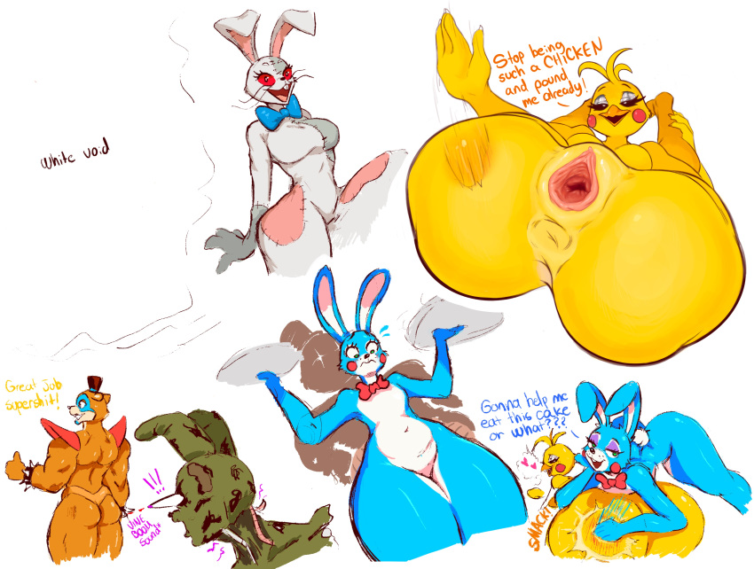2022 absurd_res anthro avian beak big_butt bird bow_tie bow_tie_only breasts butt butt_slap chicken dialogue ears_up english_text female five_nights_at_freddy's five_nights_at_freddy's:_security_breach five_nights_at_freddy's_2 galliform gallus_(genus) gaping gaping_pussy genitals glamrock_freddy_(fnaf) group hi_res lagomorph leporid male mammal mostly_nude nude phasianid presenting presenting_pussy pussy rabbit red_eyes scottgames sketch_page slap talking_to_viewer text thick_thighs toy_bonnie_(fnaf) toy_chica_(fnaf) ttothep_arts ursid vanny_(fnaf) video_games yellow_body