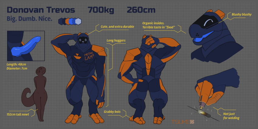 2022 2:1 absurd_res anthro biped blue_body blue_penis donovan_trevos duo english_text erection female genitals hi_res male model_sheet orange_body penis simple_background synth_(vader-san) text tsukemono welding