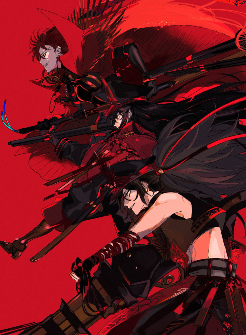 1boy 2girls age_difference armor armored_boots bangs belt black_belt black_bodysuit black_coat black_gloves black_hair black_pants bodysuit boots breastplate breasts cape chain cloak coat cowboy_shot ddlcclia ears_visible_through_hair eyebrows eyebrows_visible_through_hair eyelashes family_crest fate/grand_order fate_(series) fingerless_gloves gloves grin gun hand_up hat highres hip_focus holding holding_gun holding_weapon jacket katana long_hair machine_gun medallion military military_uniform multiple_girls oda_kippoushi_(fate) oda_nobunaga_(fate) oda_nobunaga_(koha/ace) oda_nobunaga_(maou_avenger)_(fate) oda_uri open_mouth pants peaked_cap ponytail popped_collar red_background red_cape red_eyes red_hair shirt skin_tight sleeveless sleeveless_shirt smile standing standing_on_one_leg sword teeth twitter_username uniform very_long_hair weapon