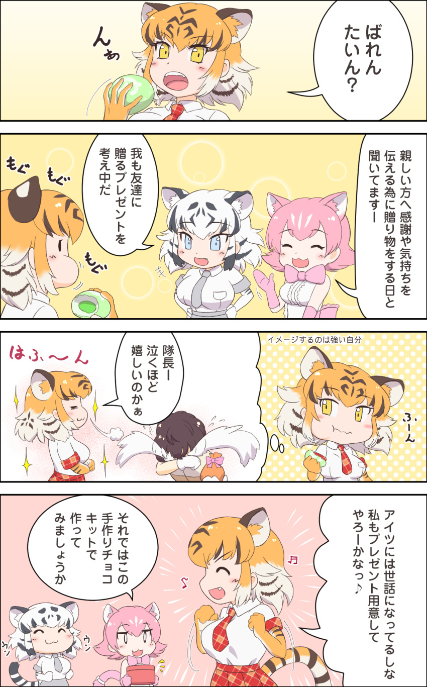 animal_ears animal_print captain_(kemono_friends) crying gloves highres kemono_friends kemono_friends_3 khakis mikan_toshi necktie panther_ears panther_girl panther_tail peach_panther_(kemono_friends) plaid_necktie plaid_sleeves plaid_trim print_gloves streaming_tears tail tears tiger_(kemono_friends) tiger_ears tiger_girl tiger_print tiger_tail valentine white_tiger_(kemono_friends) white_tiger_print