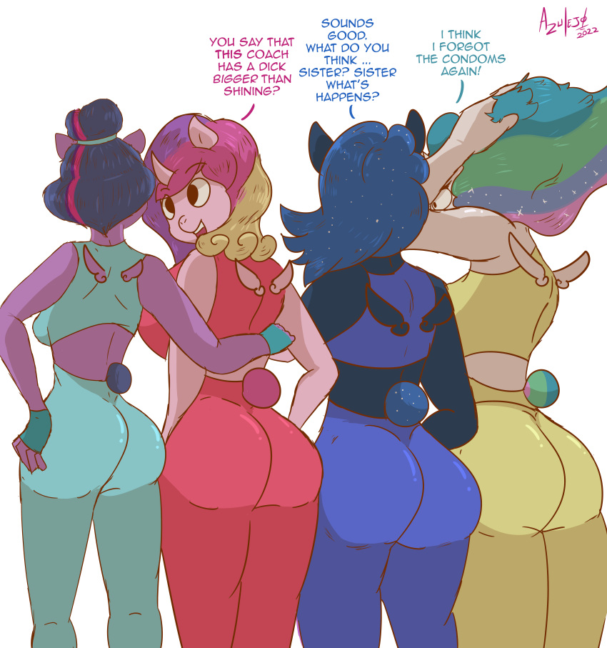 absurd_res anthro azulejo big_breasts big_butt breasts butt equid equine female friendship_is_magic group hasbro hi_res horn horse leggins mammal my_little_pony princess_cadance_(mlp) princess_celestia_(mlp) princess_luna_(mlp) text thick_thighs twilight_sparkle_(mlp) wide_hips winged_unicorn wings