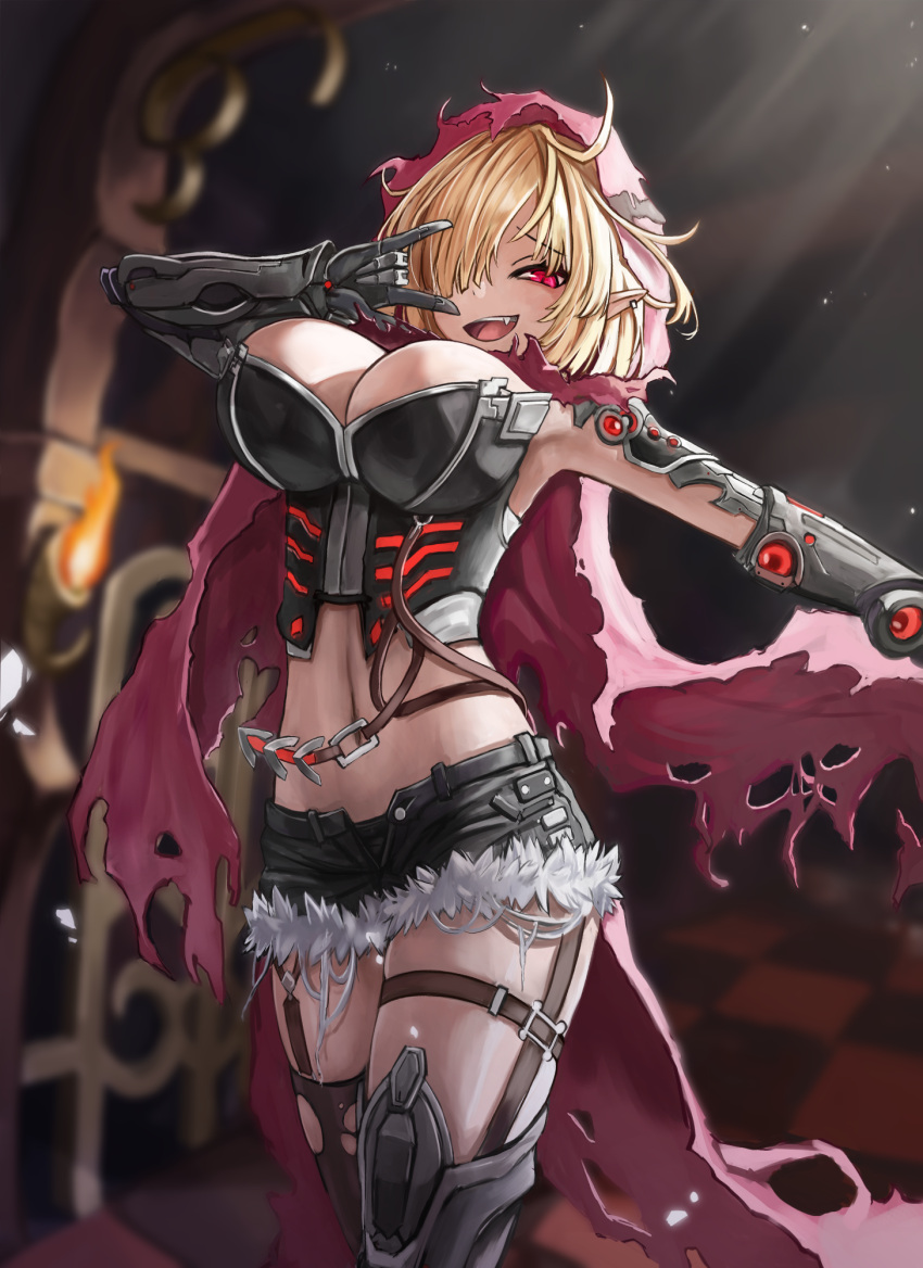 1girl bangs black_shorts blonde_hair blurry blurry_background breasts bustier cleavage executive_red_hood_arabelle guardian_tales hair_over_one_eye highres indoors large_breasts looking_at_viewer mechanical_arms midriff open_mouth pointy_ears pose red_eyes short_hair shorts sign smug standing toastania torn_clothes