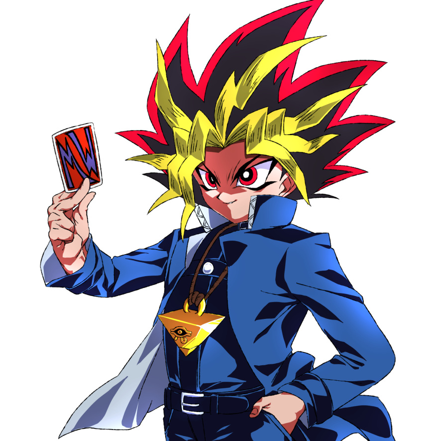 1boy belt black_hair blonde_hair blue_jacket card domino_high_school_uniform evil_smile hand_in_pocket highres holding holding_card jacket jewelry long_sleeves male_focus millennium_puzzle multicolored_hair necklace pants red_eyes red_hair rom_(20) school_uniform simple_background smile solo upper_body white_background yami_yuugi yu-gi-oh! yu-gi-oh!_(toei)