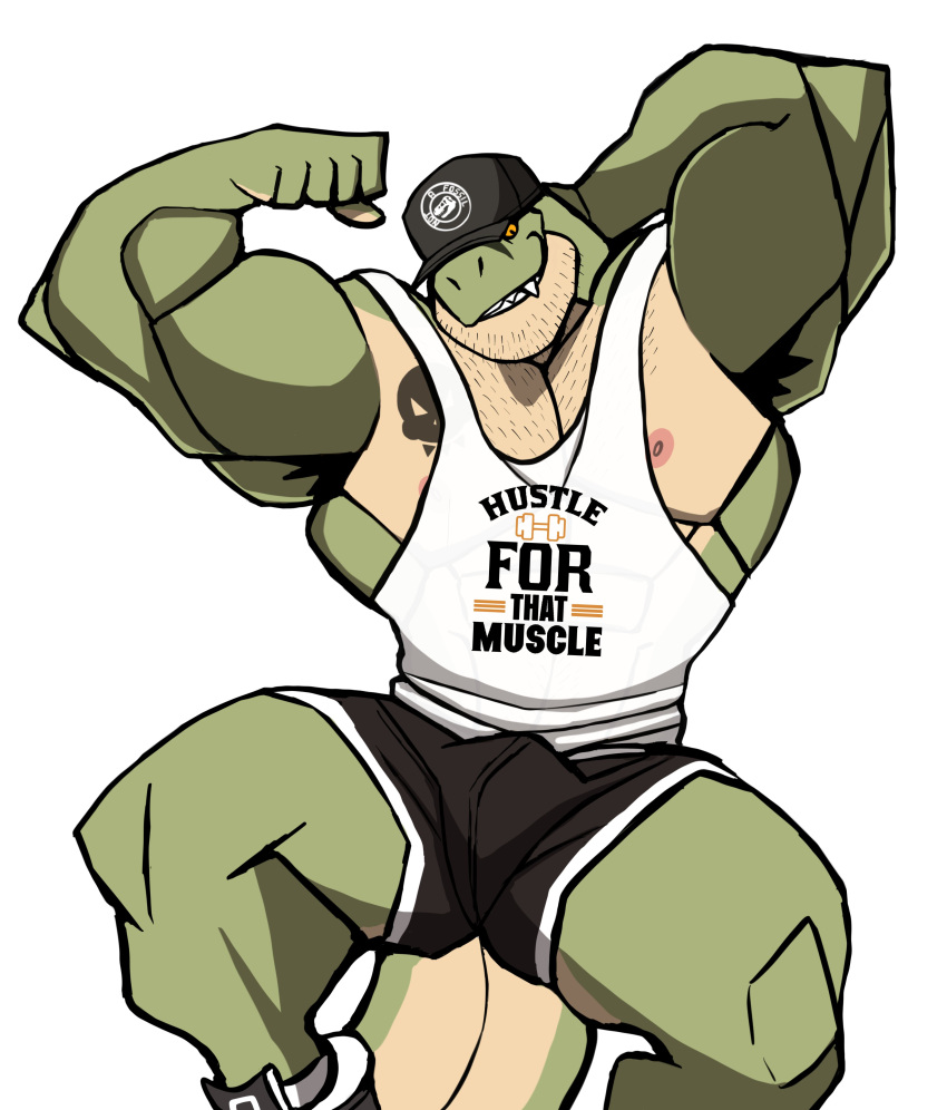 absurd_res anthro armpit_hair big_muscles body_hair bottomwear bulge chest_hair clothing darknaigart dinosaur facial_hair flexing green_body hat headgear headwear hi_res jace_(darknaig) male muscular muscular_anthro muscular_male nipples reptile scalie shirt shorts simple_background solo tank_top tattoo text text_on_clothing text_on_shirt text_on_tank_top text_on_topwear theropod topwear tyrannosaurid tyrannosaurus tyrannosaurus_rex white_background