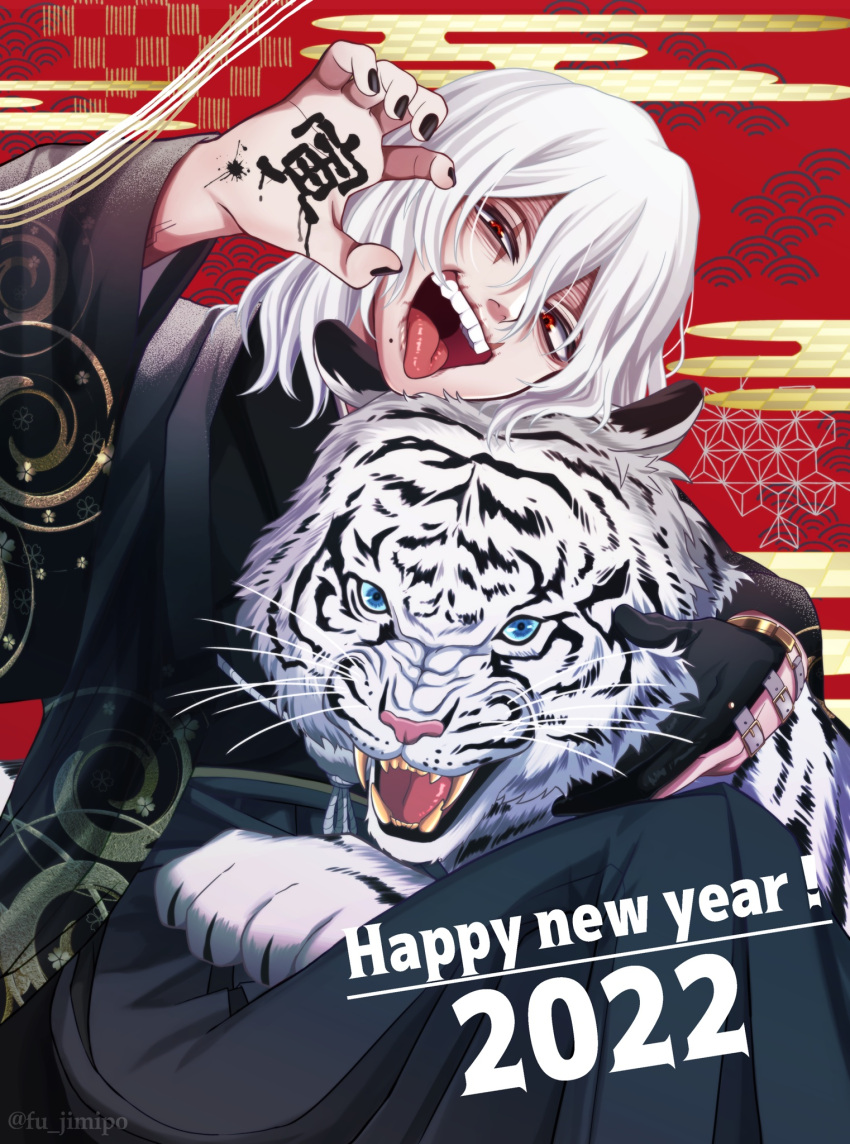 1boy 2022 animal asa_no_ha_(pattern) black_nails boku_no_hero_academia checkered chinese_zodiac claw_pose egasumi fangs foreground_text fu_jimipo gloves hair_between_eyes half_gloves happy_new_year highres holding holding_animal japanese_clothes kimono long_hair looking_at_viewer male_focus mole mole_under_mouth multicolored_background nengajou new_year open_mouth red_eyes sakuramon scar scar_across_eye scar_on_face scar_on_mouth seigaiha shigaraki_tomura single_glove sitting solo_focus spiral swirl teeth text_focus tiger tongue tongue_out upper_teeth white_hair white_tiger writing_on_hand year_of_the_tiger