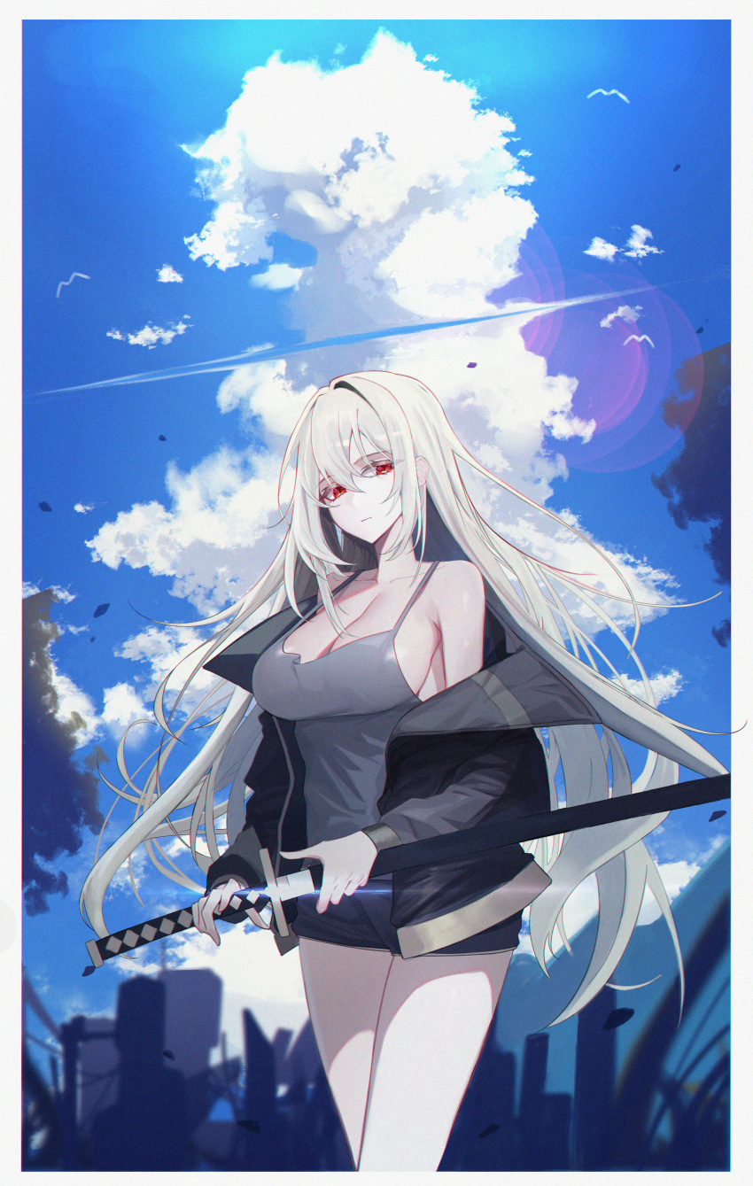 1girl absurdres bare_shoulders black_jacket black_shorts breasts camisole cleavage closed_mouth cloud expressionless glint grey_shirt hair_intakes highres holding holding_sword holding_weapon jacket katana large_breasts long_hair long_sleeves looking_at_viewer off_shoulder open_clothes open_jacket original orn red_eyes sheath shirt short_shorts shorts sleeveless sleeveless_shirt solo spaghetti_strap standing sword thighs unsheathing very_long_hair weapon white_hair