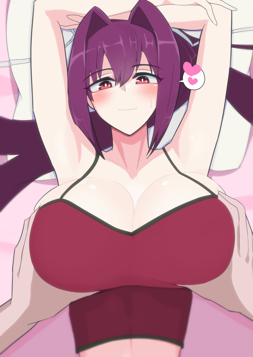 1girl arms_up blush breast_grab breasts camisole cleavage grabbing hair_intakes hair_ribbon heart high_ponytail highres huge_breasts looking_at_viewer midriff narrow_waist pov pov_hands purple_hair red_camisole red_eyes ribbon smile spoken_heart tsu-mo3 under_night_in-birth white_ribbon yuzuriha_(under_night_in-birth)