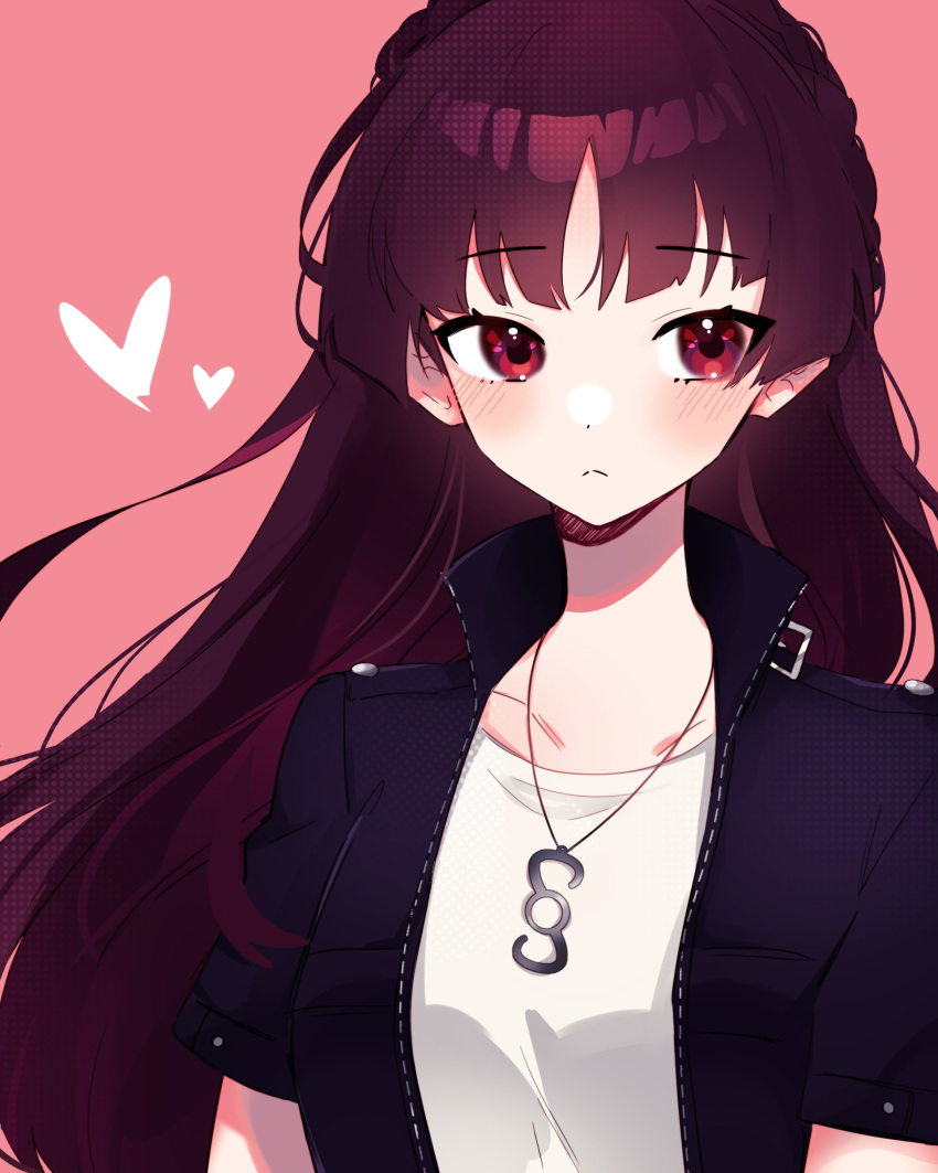 1girl :&lt; absurdres alternate_hair_length alternate_hairstyle bangs black_jacket blush braid brown_hair closed_mouth collarbone commentary crown_braid emi_star english_commentary eyebrows_visible_through_hair heart high_collar highres jacket jewelry long_hair looking_to_the_side necklace niijima_makoto open_clothes open_jacket parted_bangs persona persona_5 persona_5_scramble:_the_phantom_strikers pink_background red_eyes shirt short_sleeves simple_background solo upper_body very_long_hair white_shirt