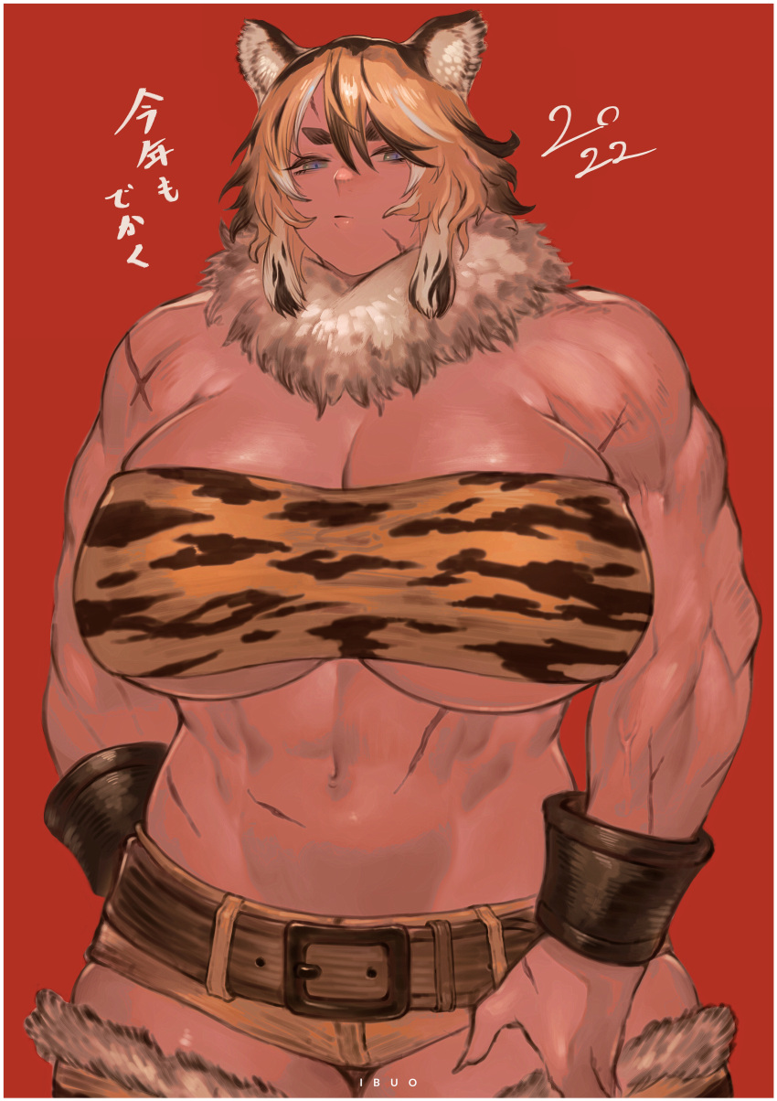 2022 absurd_res animal_humanoid bandeau big_breasts bottomwear breasts clothed clothing felid felid_humanoid female hair hi_res humanoid ibuo mammal mammal_humanoid muscular muscular_female neck_tuft pantherine pantherine_humanoid scar shorts solo tiger_humanoid topwear tuft