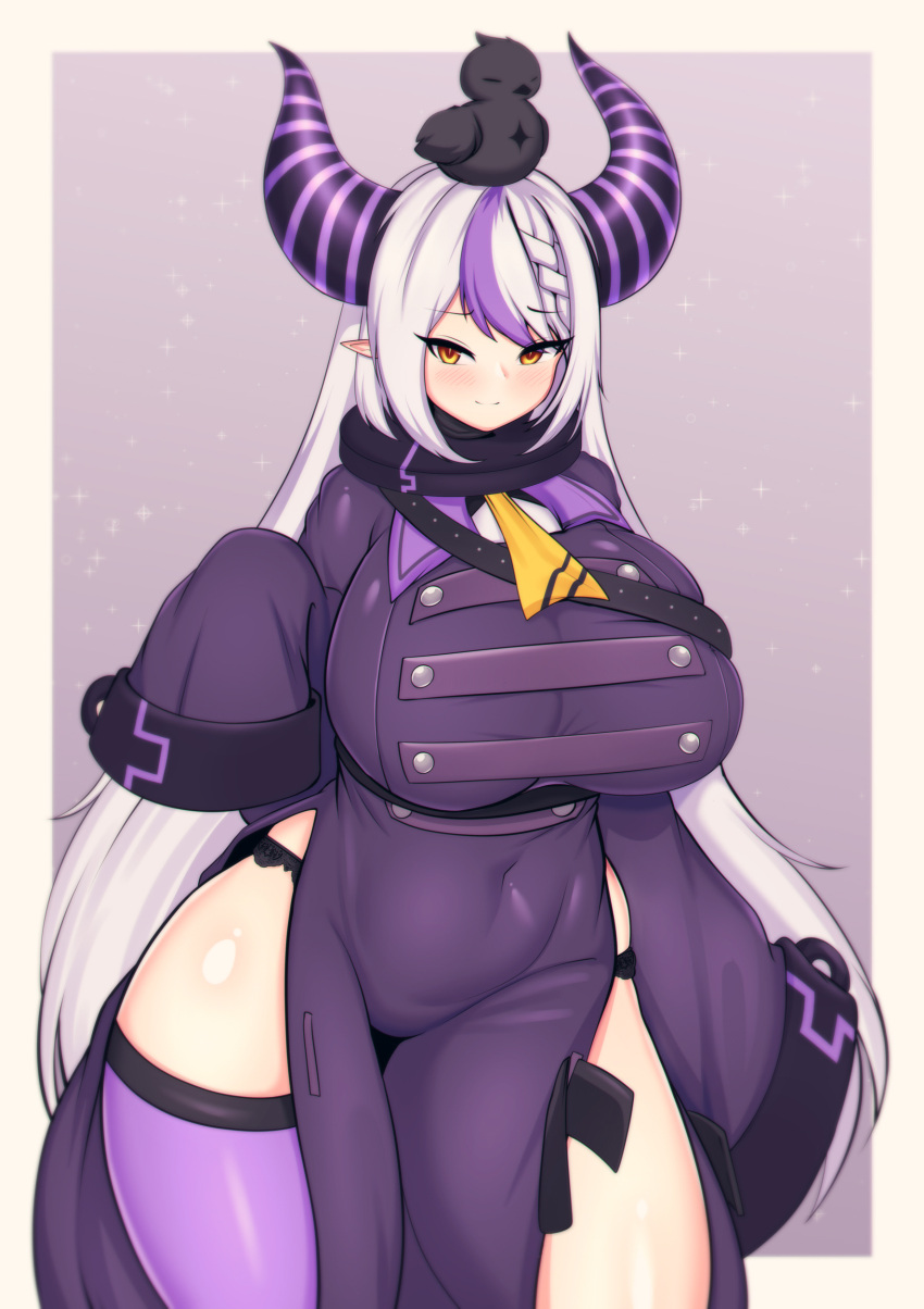 1girl absurdres animal animal_on_head bird black_horns black_panties breasts coat crow_(la+_darknesss) curvy demon_girl demon_horns english_commentary highres hololive horns la+_darknesss large_breasts lavender_background long_hair long_sleeves multicolored_hair older on_head orange_eyes outside_border panties purple_coat purple_hair purple_legwear silver_hair single_thighhigh smile streaked_hair striped_horns tailzkim thick_thighs thighhighs thighs underwear very_long_hair