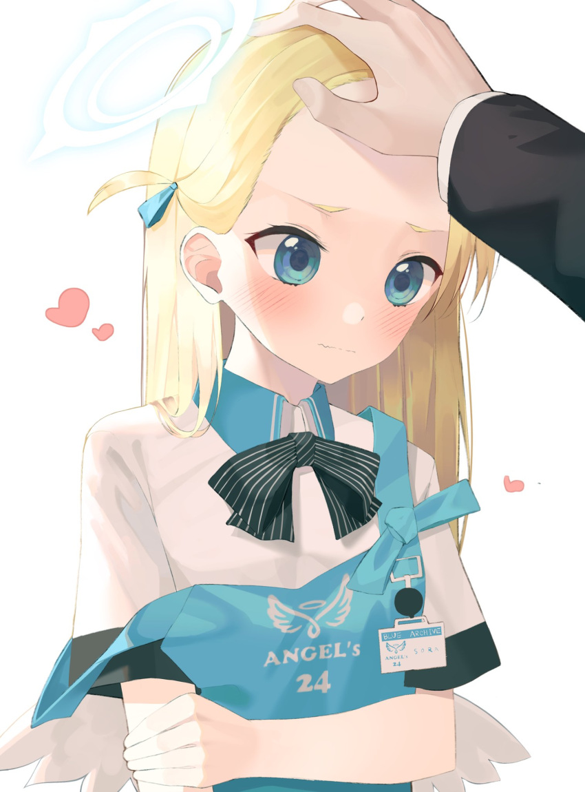 1boy 1girl apron black_bow blonde_hair blue_apron blue_archive blue_eyes blush bow closed_mouth collared_shirt commentary_request feathered_wings forehead halo headpat heart highres kanzi long_hair long_sleeves mini_wings shirt short_sleeves sora_(blue_archive) strap_slip striped striped_bow upper_body wavy_mouth white_shirt white_wings wings