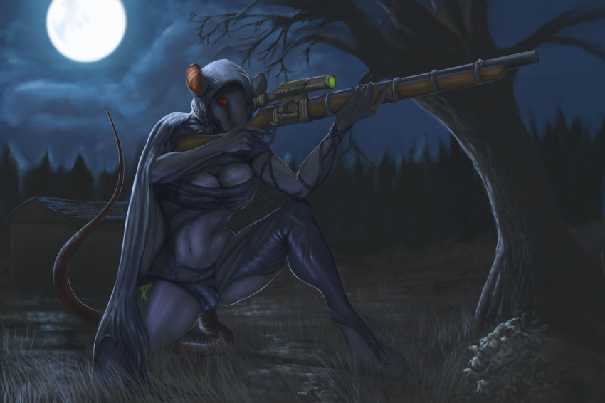 anthro balls_outline black_body black_fur breasts bulge cape claws clothed clothing fur genital_outline ghost738589 gun gynomorph holding_rifle hood intersex mammal murid murine penis_outline ranged_weapon rat red_eyes rifle rodent skaven sniper_rifle solo warhammer_(franchise) warhammer_fantasy weapon znitch_fierylash