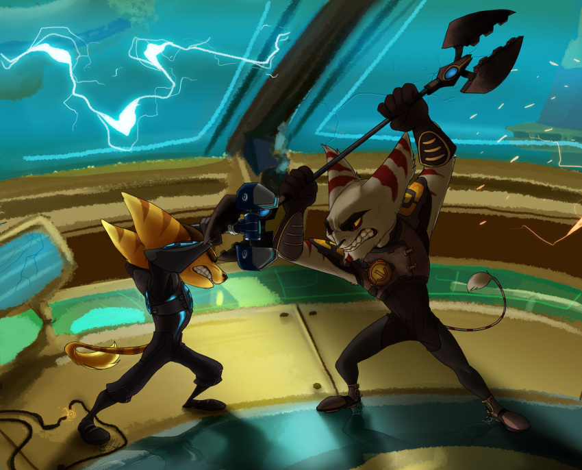 alister_azimuth angry anthro bottomwear broken_glass clenched_teeth clothed clothing digital_media_(artwork) duo eyes_closed fight fur glass hi_res holding_object holding_weapon lightning lombax male mammal melee_weapon ratchet ratchet_and_clank sony_corporation sony_interactive_entertainment stripes teeth tools topwear video_games weapon wolf-shadow77 wrench yellow_body yellow_fur