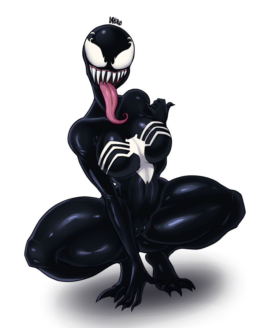 2018 absurd_res alien biped breasts camel_toe darknud digital_media_(artwork) female hi_res humanoid long_tongue mammal marvel not_furry open_mouth sharp_teeth she-venom simple_background solo spider-man_(series) spread_legs spreading symbiote teeth tongue tongue_out venom_(marvel) white_background