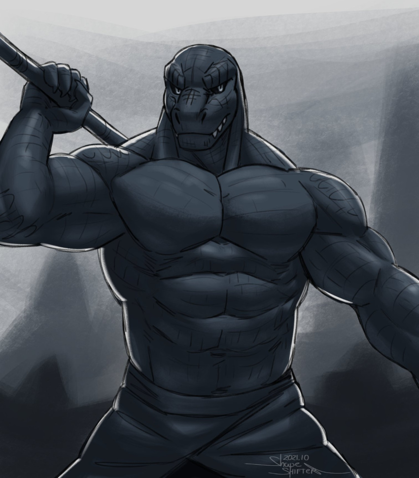 2021 anthro barazoku bottomwear clothed clothing dated dinosaur featureless_chest hi_res holding_object holding_staff holding_weapon looking_at_viewer male monochrome muscular muscular_male partially_clothed reptile scalie shaded shapeshifter_(artist) shorts signature sketch solo staff weapon