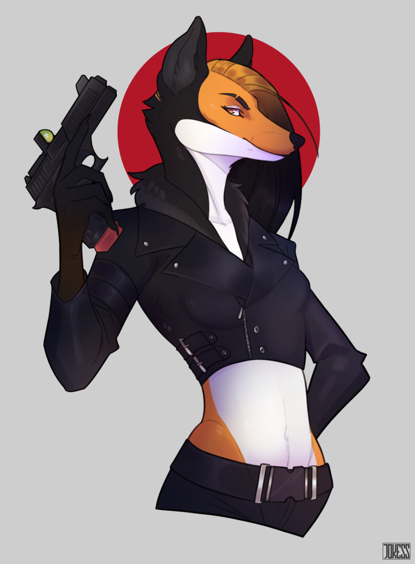 absurd_res anthro canid canine exposed_belly female gun handgun hi_res mammal maned_wolf mercenary pistol ranged_weapon solo unknown_artist weapon