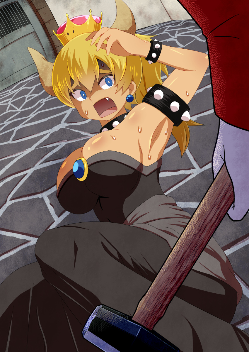 1boy 1girl absurdres armlet armpits bangs black_collar black_dress blonde_hair blue_eyes bowsette bracelet breasts cobblestone collar commentary_request dress earrings fang feet_out_of_frame gloves hammer highres holding holding_hammer horns jewelry large_breasts long_dress long_hair long_sleeves looking_at_another mario mario_(series) new_super_mario_bros._u_deluxe open_mouth red_shirt scared shirt spiked_armlet spiked_bracelet spiked_collar spikes strapless strapless_dress super_crown suyarou sweat upper_body white_gloves