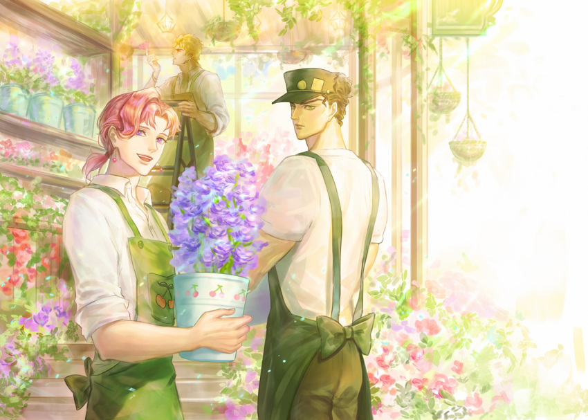 3boys apron contemporary dio_brando florist flower_shop green_eyes hat jojo_no_kimyou_na_bouken kakyoin_noriaki kankito kujo_jotaro male_focus multiple_boys plant potted_plant purple_eyes red_hair shop spring_(season)