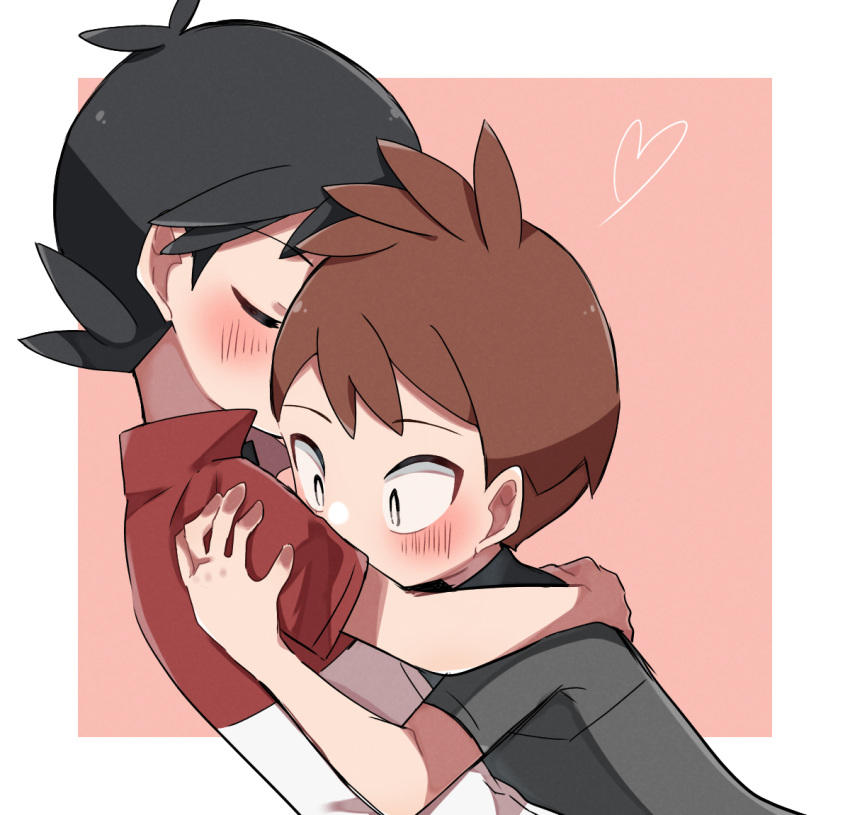 2boys antenna_hair bangs black_hair blush border brown_hair chase_(pokemon) closed_eyes commentary_request hachi_(hachi_sin) heart hug jacket male_focus multiple_boys outside_border pink_background pokemon pokemon_(game) pokemon_lgpe shirt short_hair short_sleeves trace_(pokemon) white_border yaoi