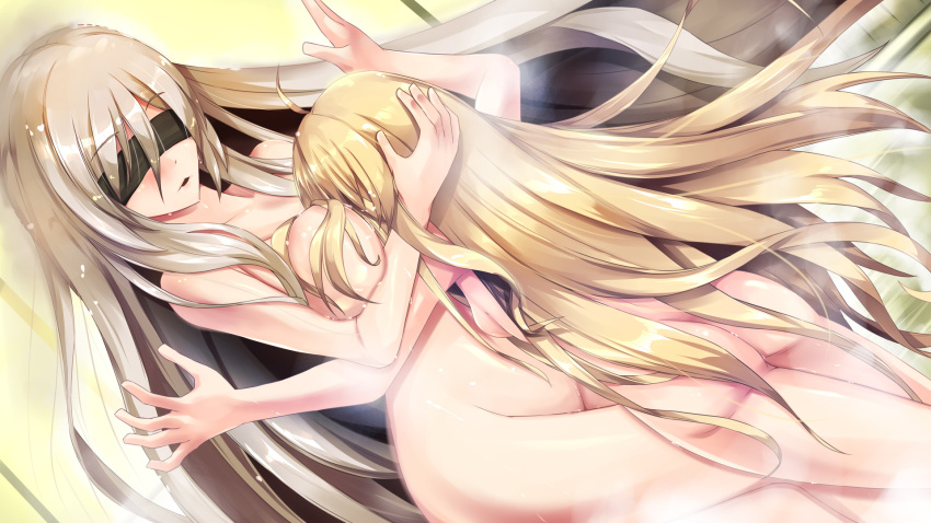 2girls arm_up ass bangs between_breasts blindfold blonde_hair breasts brown_hair collarbone commentary_request completely_nude eyebrows_visible_through_hair gc3 goblin_slayer! groin hair_between_eyes head_between_breasts highres large_breasts long_hair multiple_girls nude parted_lips priestess_(goblin_slayer!) small_breasts steam sword_maiden very_long_hair water